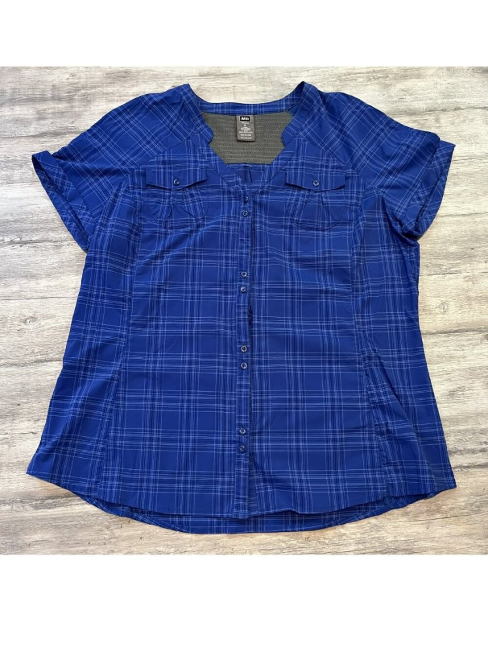 REI W's Vented S/S Camp Shirt Button Down, Blue Plaid, Size XL